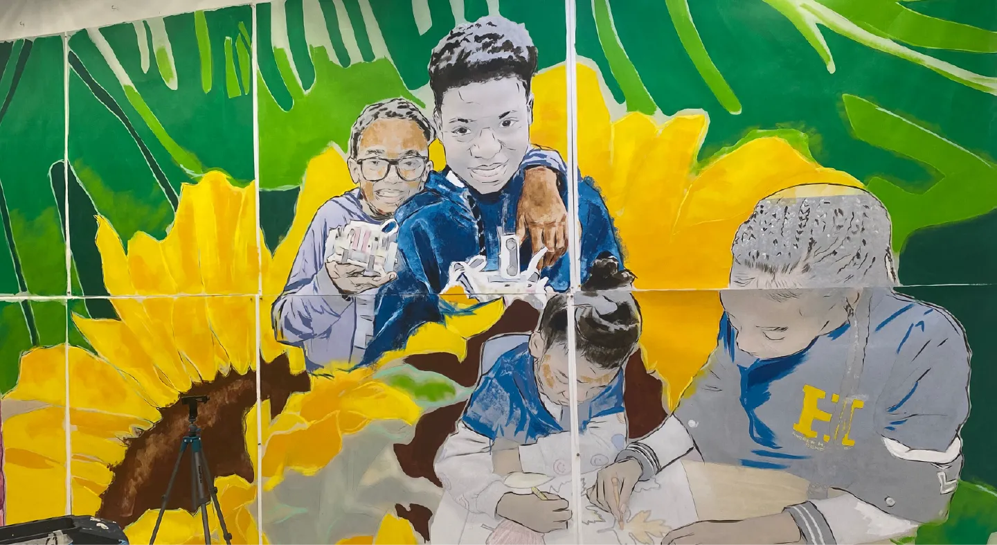 A work in progress mural at the Andrew Hamilton School
